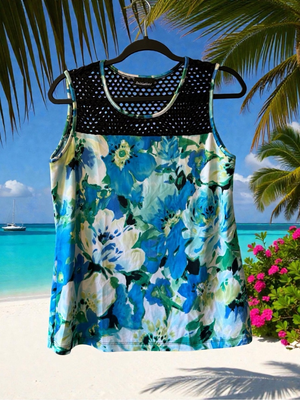 Initiatives Multi Blue/Green/White Floral Print Tank Top with Black Mesh Yoke